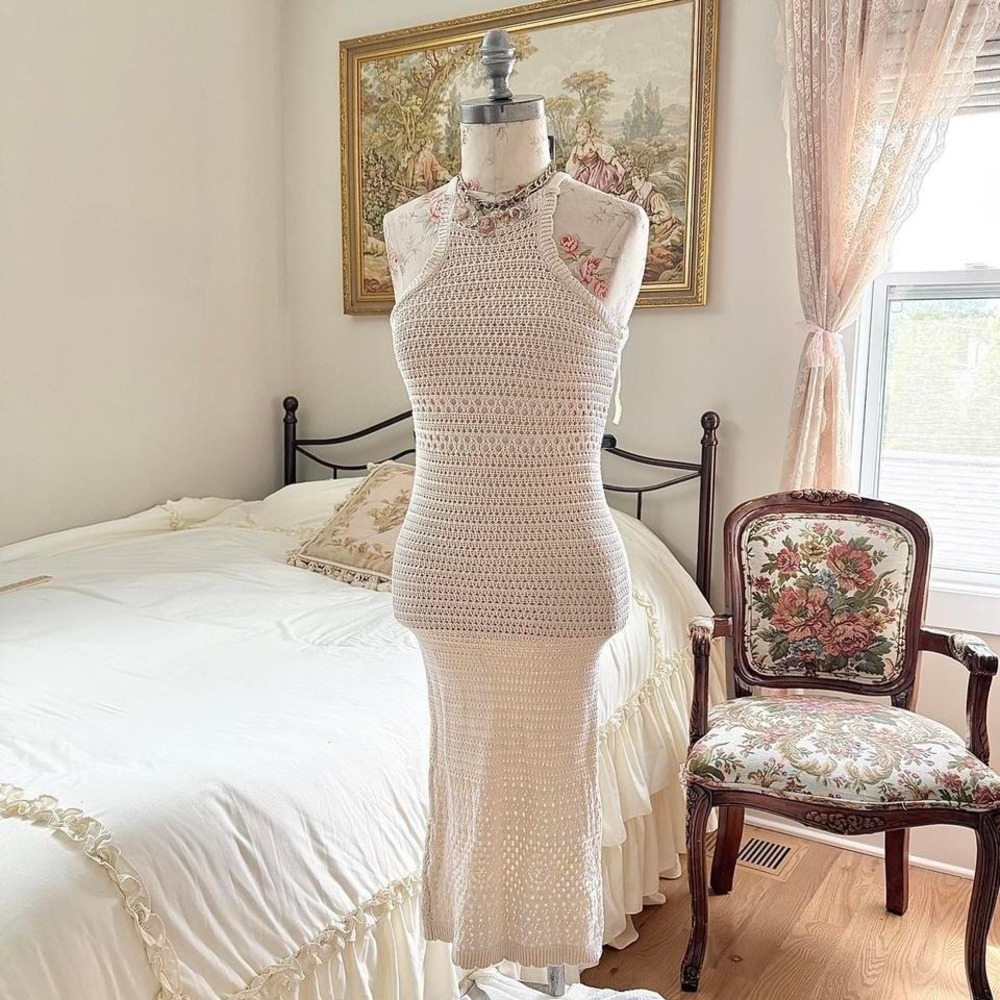 Y2K arizona cream‎ crochet maxi dress size xs